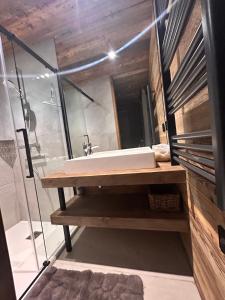 uma casa de banho com um lavatório e uma cabina de duche em vidro. em Chalet Clémence em Taninges
