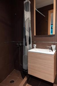 a bathroom with a shower and a sink and a mirror at Parthenon Portrait Apartments in Athens
