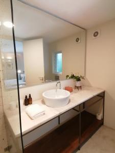 a bathroom with a sink and a large mirror at Cape Standard Guest House in Cape Town