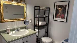 a bathroom with a sink and a mirror and a toilet at Hôtel Le Rustique in Saint-Irénée