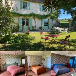 two pictures of a house with beds and a table at Le Clos Chalmon Chambre d'hôte in Montignac
