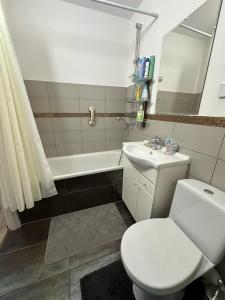 a bathroom with a white toilet and a sink at Przytulne mieszkanie blisko kanalu in Giżycko