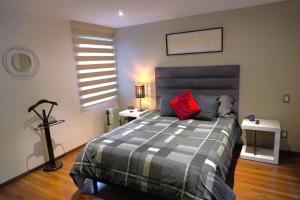 ein Schlafzimmer mit einem Bett mit roten Kissen darauf in der Unterkunft Loft con balcón en Roma Norte in Mexiko-Stadt
