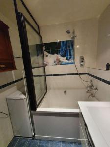 Appartement pour un couple, jacuzzi en été, jardin في جنيف: حمام مع دش وحوض استحمام ومرحاض
