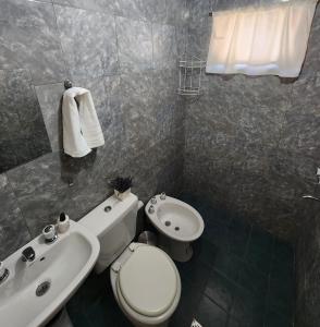 ein Badezimmer mit einem weißen WC und einem Waschbecken in der Unterkunft la rosarina in Potrerillos