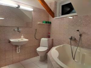 a bathroom with a sink and a toilet and a tub at Privat Sabaka - Chalupa pod Kriváňom vo Východnej in Východná