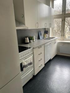 オスロにあるPrivate Rom for two in Oslo City center-Main Street-Walking distanceのキッチン(白いキャビネット、コンロ付)