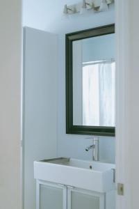 uma casa de banho com um lavatório branco e um espelho. em The Congaree Cottage em Cayce