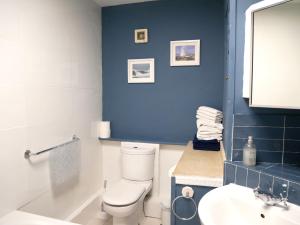 a bathroom with a white toilet and a blue wall at Fisherman's Cottage in Portland