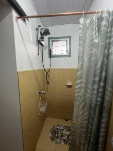 y baño con ducha y cortina de ducha. en Churubusco Trailer en Vara Blanca