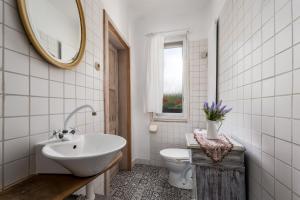 bagno con lavandino, servizi igienici e specchio di Penzion Pastuška a Brod nad Dyjí