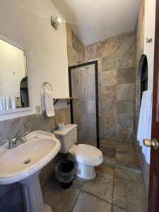 e bagno con servizi igienici, lavandino e doccia. di Hostal San Jose a San José del Cabo