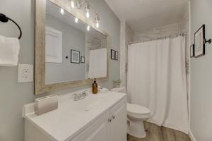 a bathroom with a sink and a toilet and a mirror at Ft. Jackson Family Abode in Columbia +13 photos