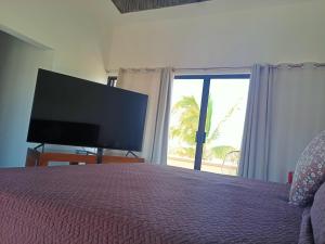 a bedroom with a large screen tv and a bed at Hostal San Jose in San José del Cabo