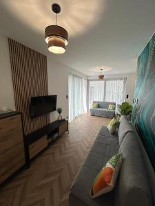 a living room with a couch and a flat screen tv at Apartament Holiday Mini Gold in Rewal