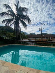 a palm tree and a swimming pool with a palm tree at Brisa Maresias in Maresias