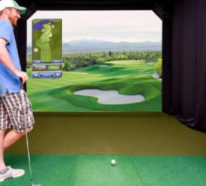 a man playing golf in front of a video screen at Masters & nurses friendly in Augusta