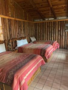 3 camas en una habitación con paredes de madera en Hotel Mansion Tarahumara, en Areponapuchi