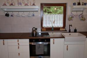 eine Küche mit einer Theke, einem Waschbecken und einem Fenster in der Unterkunft Jariabka Chalet Zrub Nízke Tatry in Jarabá