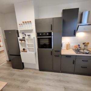 een keuken met grijze en witte apparatuur in een kamer bij Clausthaler Herz 2 FaFeWo in Clausthal-Zellerfeld