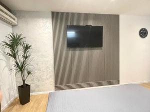 a room with a tv on a wall with a plant at Aria in Baška Voda