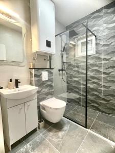 a bathroom with a toilet and a sink and a shower at Aria in Baška Voda +27 photos