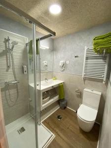 a bathroom with a shower and a toilet and a sink at Casa Dakar in Valdemaluque