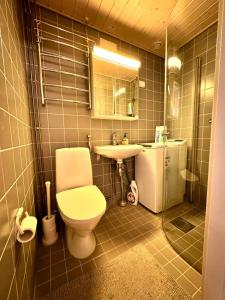 een kleine badkamer met een toilet en een wastafel bij Laivurinkatu 35 in Helsinki