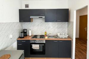 a kitchen with a black stove and a sink at Cosy flat with TV & WLAN in Halle in Angersdorf