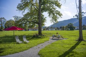 a picnic table and two chairs in a field at Villa Kaiser in Auerbach