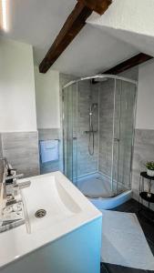 y baño con ducha, lavabo y bañera. en Hilltop House, en Bran