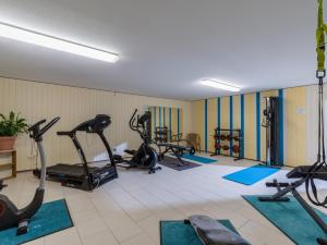 - une salle de sport avec plusieurs tapis de course et vélos d'exercice dans l'établissement Ferienwohnanlage Oberaudorf C7 mit Hallenbad und Sauna, à Oberaudorf