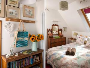 a bedroom with a bed with a vase of sunflowers at 2 Bed in Battle BN077 in Llandefaelogfâch