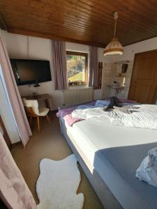 1 dormitorio con 2 camas y TV de pantalla plana en Luxus-Apartment-Vorderreit Gut, en Altenmarkt im Pongau