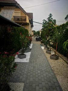 a brick walkway with potted plants and a house at Biró apartmanház Sármellék in Sármellék