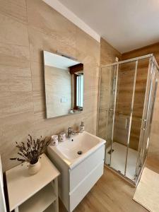 a bathroom with a white sink and a shower at Tati&Ele apartments in Sedico