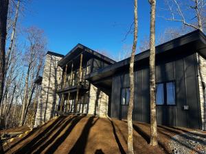 a house in the woods with a black facade at The Brevard Mountain Retreat New Construction with modern design, high-end furnishings & hot tub in Cedar Mountain