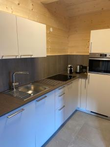 Eldhús eða eldhúskrókur á Entspannen im Holzchalet mit Panoramablick, Ruhe und Infrarotsauna