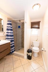uma casa de banho com um chuveiro e um WC. em Elegant & Spacious 3-Bed Space near NYC em Jersey City