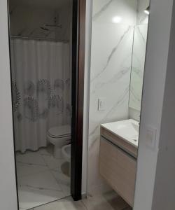 een badkamer met een toilet, een wastafel en een spiegel bij URBANO Dpto in Villa María