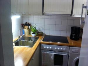 uma cozinha com um lavatório e um fogão em Wohnung in Bad Malente-Gremsmühlen em Malente