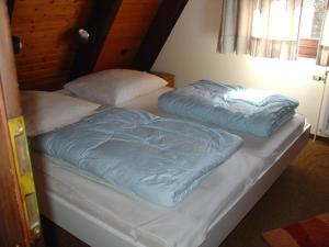 - deux lits sans tête dans une chambre avec des couvertures bleues dans l'établissement Ferienhaus in Machtlos mit Terrasse und gemeinschaftlichem Pool, à Ronshausen
