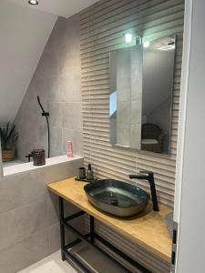 a bathroom with a sink and a mirror at Hotello Apartmanház és Panzió in Zalaegerszeg