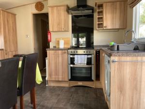 kuchnia z drewnianymi szafkami i piekarnikiem w obiekcie Bluebell w mieście Ferndown