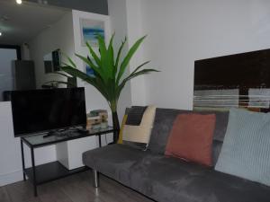 ein Wohnzimmer mit einem schwarzen Sofa und einem TV in der Unterkunft Home Away in London