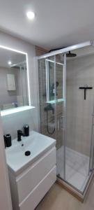 a white bathroom with a shower and a sink at Gemütliche Wohnung, Küche, Bad, Netflix, Rheinblick in Kaub