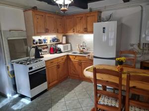 a kitchen with a white refrigerator and a table at GERENDÁS VENDÉGHÁZ in Mátraderecske