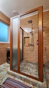 een douche met een glazen deur in de badkamer bij Appartement neuf au cœur de Quatre Bornes in Quatre Bornes