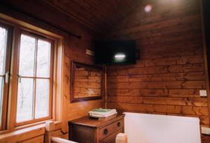 a room with a table and a television in a wooden cabin at Bothy Cabin -Log cabin in wales - with hot tub in Newtown