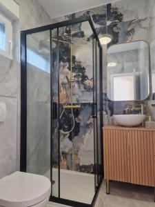 a bathroom with a shower with a toilet and a sink at Villa Lumino in Murter
